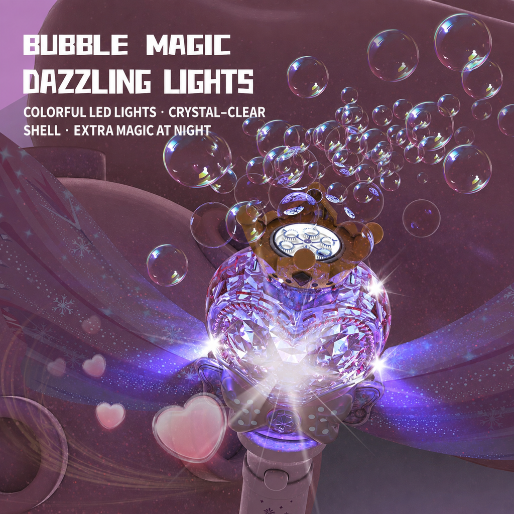 Magic Princess Bubble Wand – Light-Up Automatic Bubble Blower for Girls, Musical Heart Crown Wand, Leak-Proof Design, Birthday & Party Gift for Kids Ages 3+