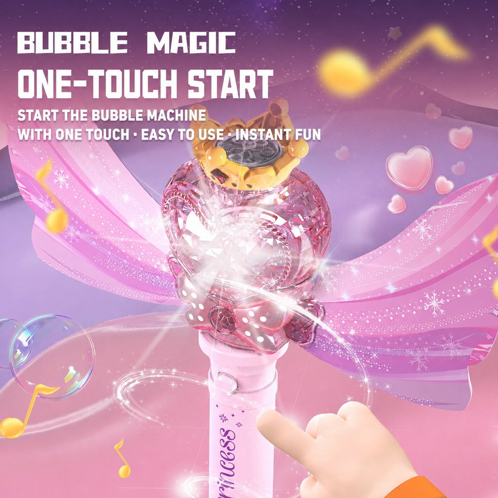 Magic Princess Bubble Wand – Light-Up Automatic Bubble Blower for Girls, Musical Heart Crown Wand, Leak-Proof Design, Birthday & Party Gift for Kids Ages 3+